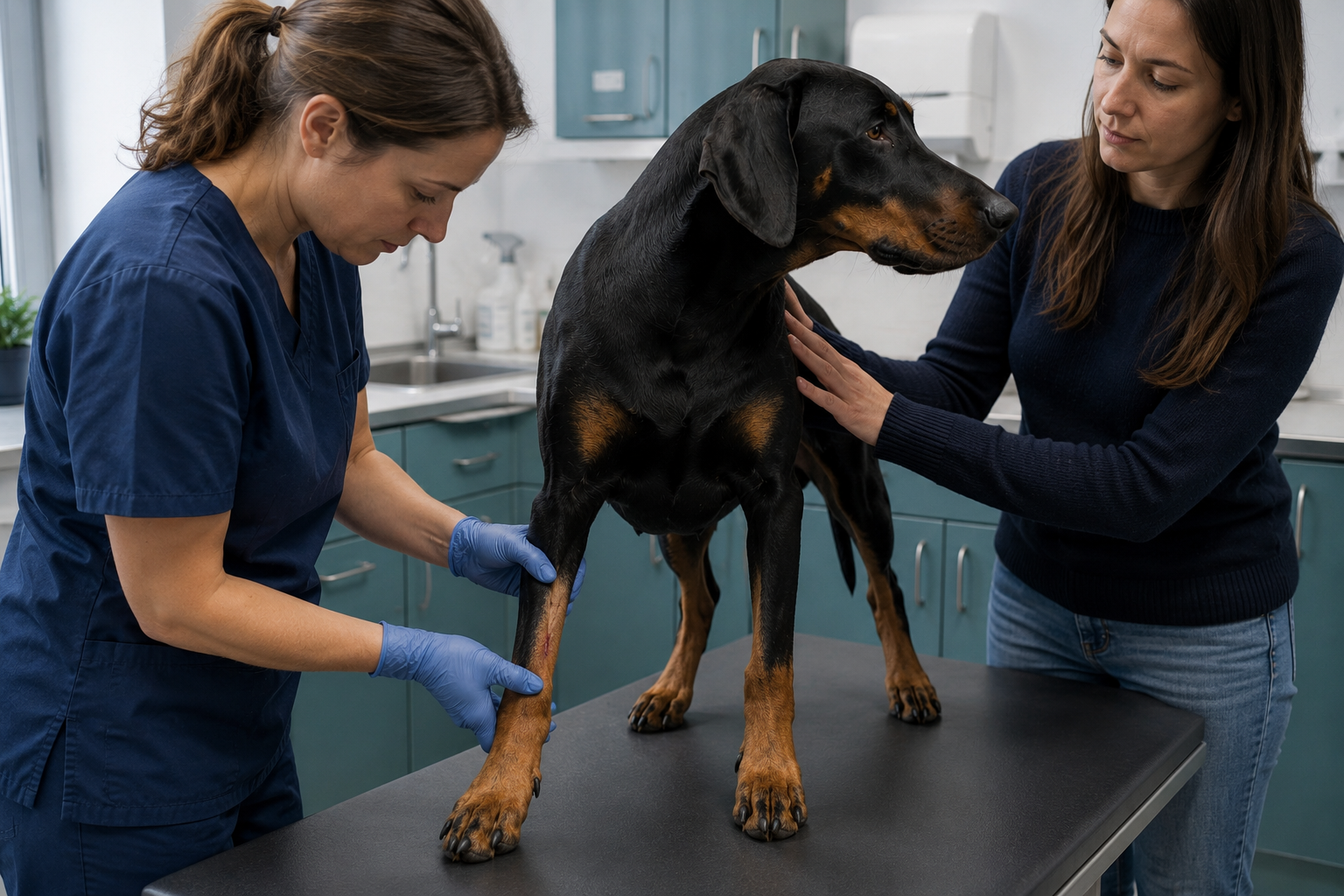 Veterinářka vyšetřuje kůži na končetině dobrmana s rozlízanou ránou